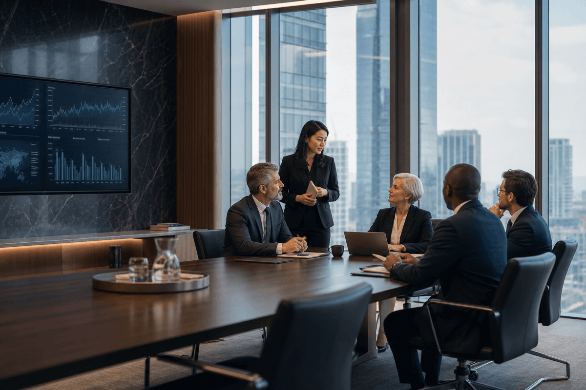 Senior advisory discussion in a refined boardroom
